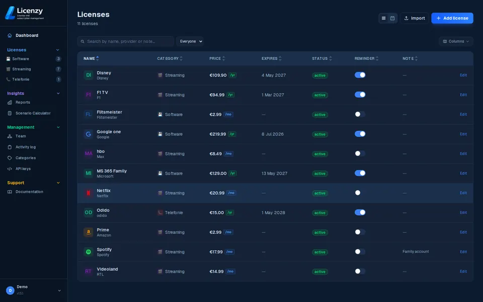 License list in Licenzy dark mode