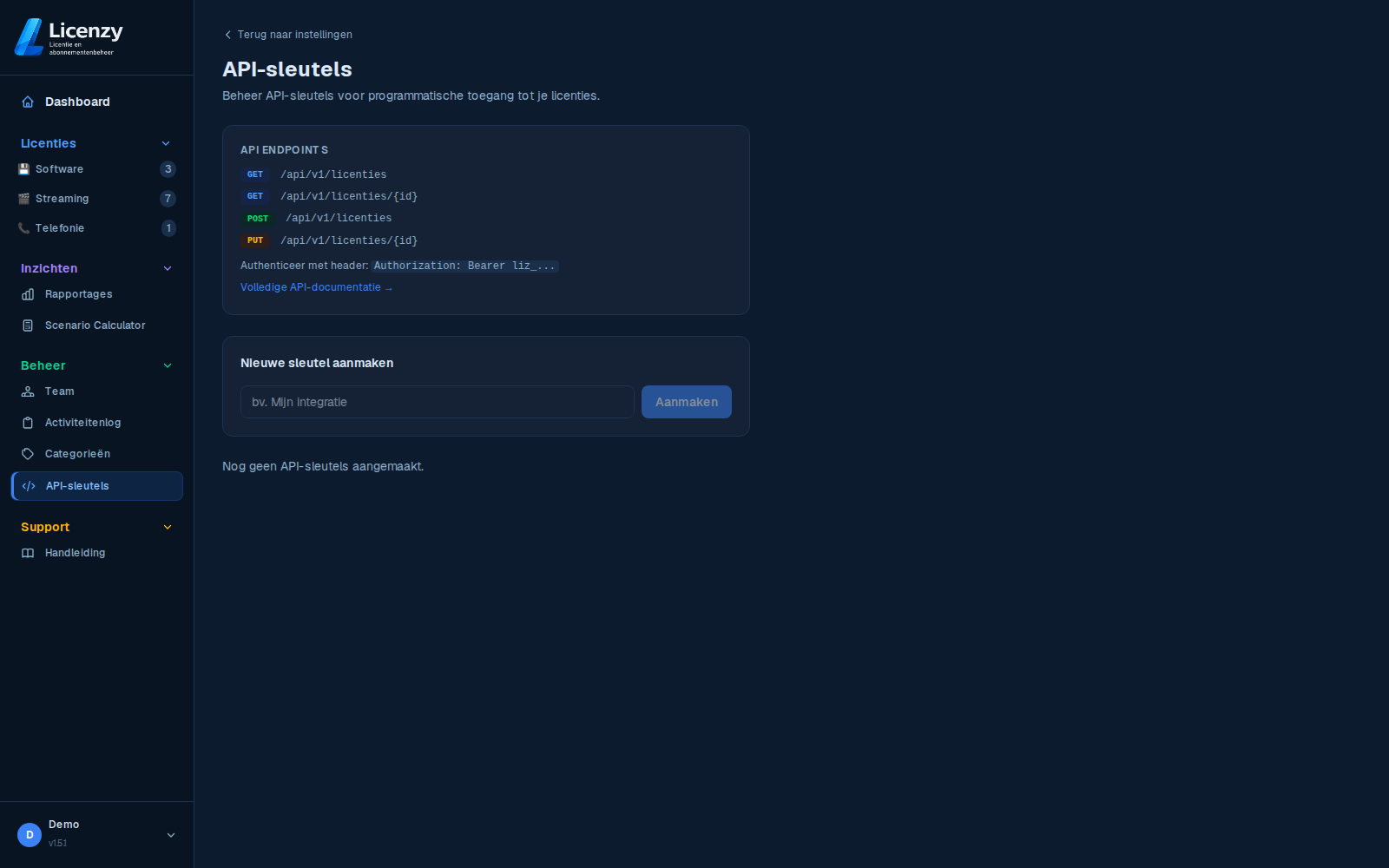API-sleutels dark mode