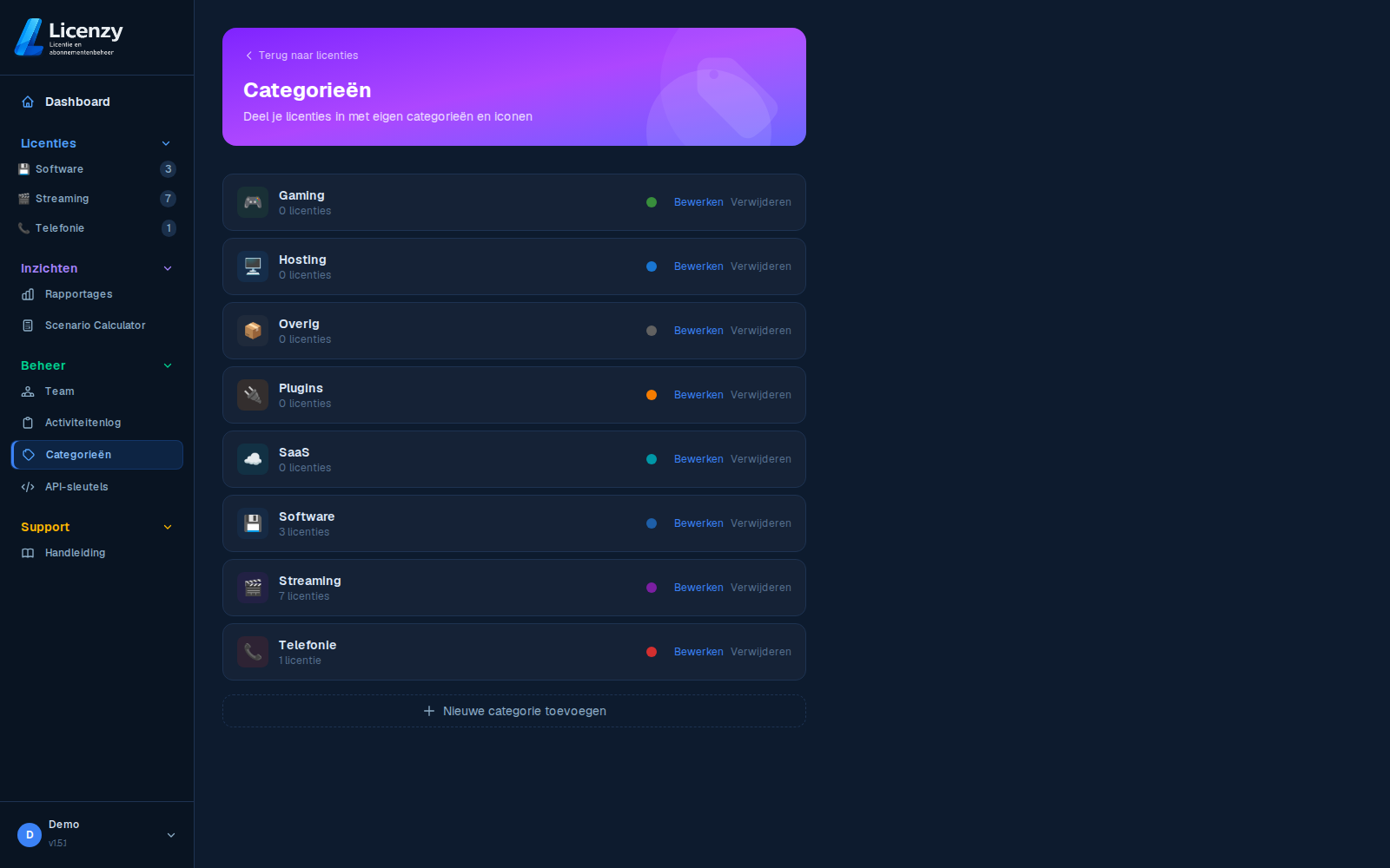 Categorieën dark mode